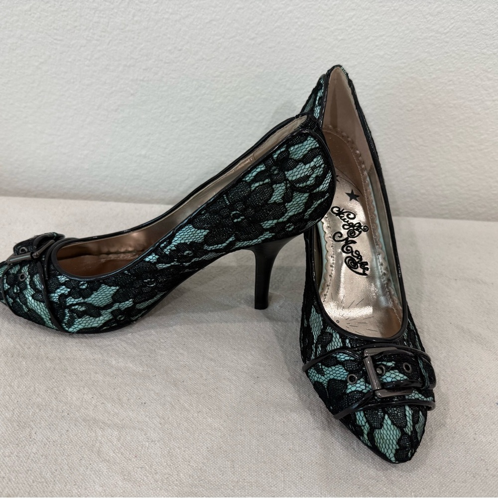 Naughty Monkey Black and Teal Lace Heels